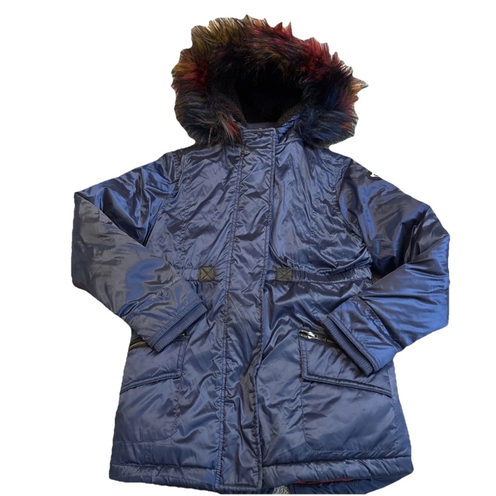 Appaman Girls Blue Shiny Middie Puffer Coat  W/colorful Faux Fur Hood Size 12 - Picture 5 of 17